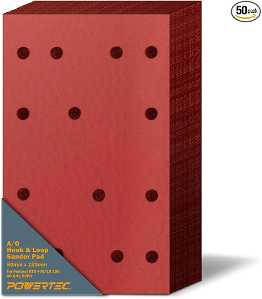 POWERTEC 4R13506-50, 60 Grit for Festool RTS 400/ LS 130, 80mm x 130mm A/O Hook and Loop Sander Pad, 50PK