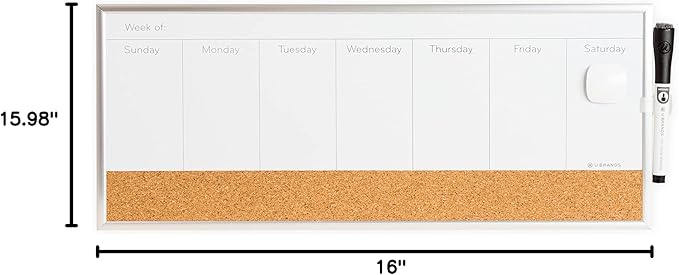 U Brands Magnetic Dry Erase/Cork Weekly Horizontal Calendar Board, 7 x 16 Inches, Silver Aluminum Frame (358U03-12)
