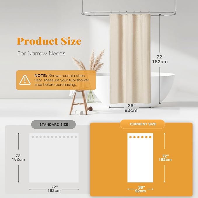 BTTN Stall Fabric Shower Curtain, 36 Inch Linen Textured Heavy Duty Small Cloth Shower Curtain Set with 6 Plastic Hooks, Narrow Hotel Luxury Weighted Shower Curtains for Bathroom(36"x72", Beige/Cream)