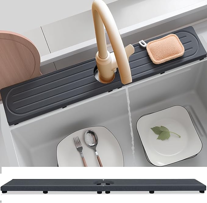 Fast Drying Stone Faucet Mat for Kitchen Sink with Raised Feet, Water Absorbent Diatomite Stone Sink Tray, Faucet Sink Splash Guard, Prevents Moisture Buildup, Durable Protector for Bathroom Counter
