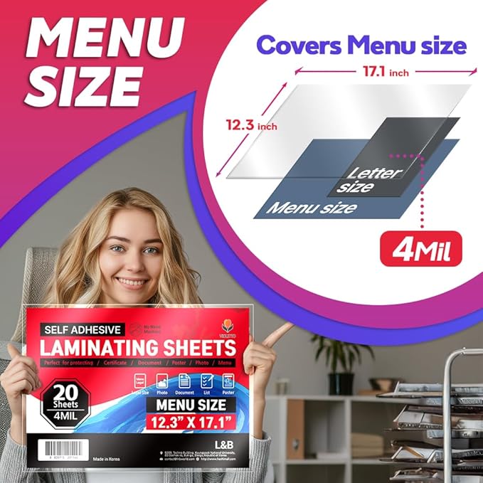 Self Adhesive Laminating Sheets 12.3x17.1 inch, 20 Pack, 4mil Thickness, No-Machine Needed, QuickPeel, Instashield, Stick&GO (20 Sheets, Menu Size 4mil)