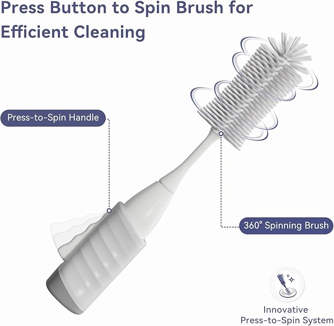 Bottle Brush Set, Innovative Efficient Press-to-Spin Brush Cleaner - Includes Silicone Baby Bottle Brush, Nipple Brush, Straw Cleaner - Spinning Generates Rich Foam for Deep Cleaning, Gray