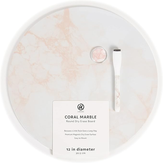 U Brands Magnetic Round Coral Marble Dry Erase Board White Board, Includes Marker, 12” Diameter