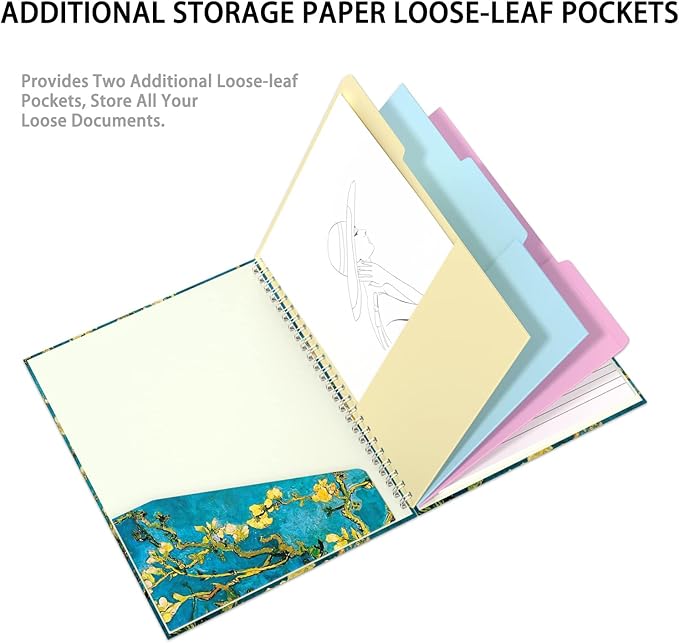 Rimilak Spiral Clipboard Folio with Refillable Lined Notepad, 14.5 x 9.8 in, Hardcover Cover with 5 Interior Pockets, Elastic Band and Pen Loop Series. Cute Stylish Clipfolio, Almond Tree