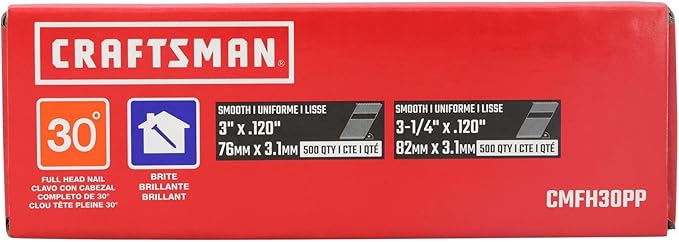 CRAFTSMAN Framing Nails Paper Collated Smooth 30 Degree, 3-1/4 inch x 0.12 inch and 3 in x 0.12 inch, 500 Qty Each (CMFH30PP)