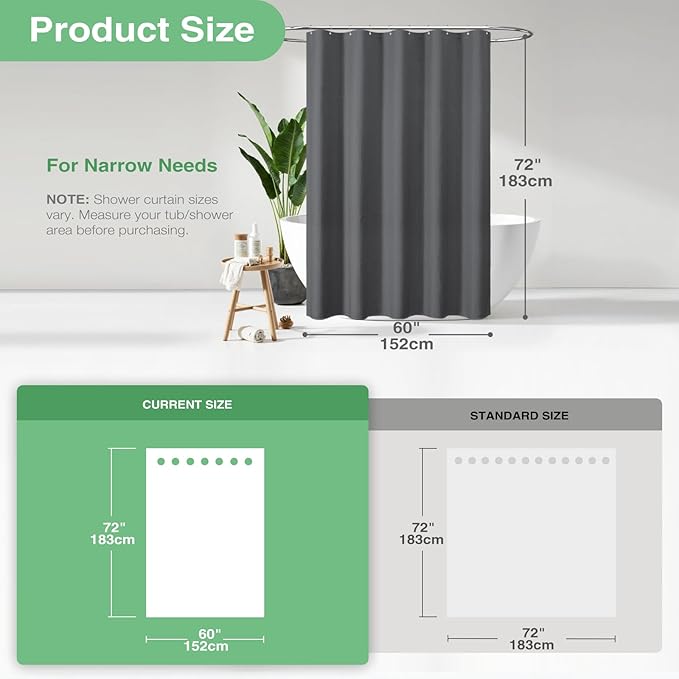 Dynamene 60 inch Stall Shower Curtain - Waffle Weave Heavy Duty Thick Fabric Shower Curtains for Bathroom,Weighted Hotel Spa Luxury Cloth Bath Curtain Set with 10 Plastic Hooks,60x72, Charcoal Grey