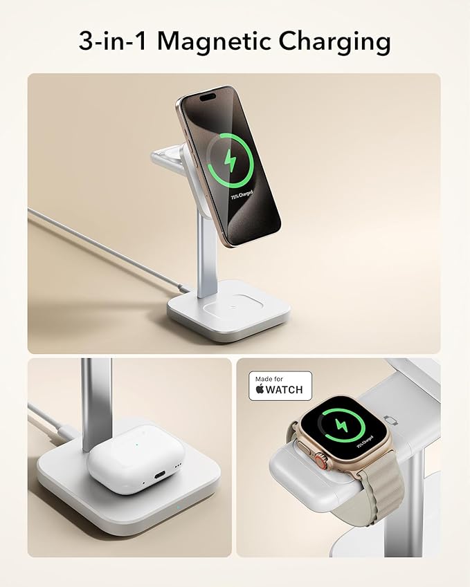 ESR for 3 in 1 Wireless Charging Station, Certified Apple Watch Charger, 15W MagSafe Charger Stand for iPhone, Wireless Charger for Multiple Devices iPhone 17/16/15/14/13, Watch, AirPods, White