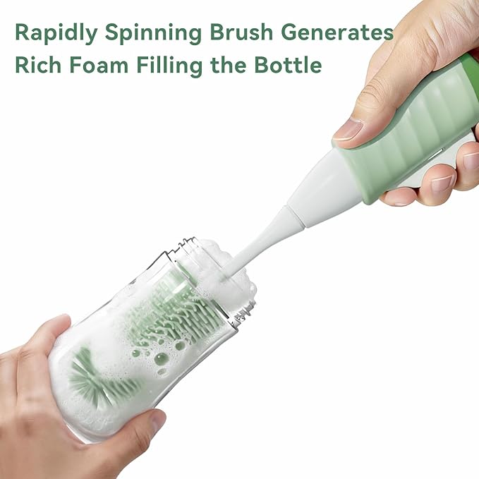 Bottle Brush Set, Innovative Efficient Press-to-Spin Brush Cleaner - Includes Silicone Baby Bottle Brush, Nipple Brush, Straw Cleaner - Spinning Generates Rich Foam for Deep Cleaning, Green