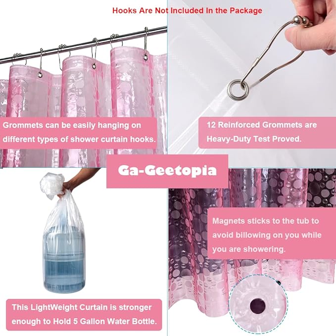 Ga-Geetopia EVA Pink Thin Shower Curtain Liner, Pebble Pattern 72x72 Inch Lightweight Plastic Bathroom Shower Showroom Inner Curtain with Rustproof Metal Grommets and Weighted Magnets(No Hooks)