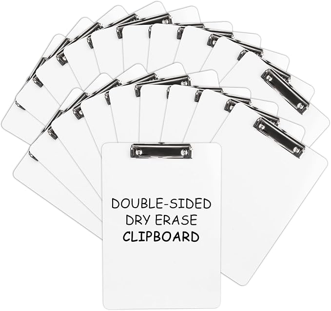 Dry Erase Wood Clipboard 20 Pack, Hardboard Clip Board 8.5x11 for Classroom, Students, Kid, Size 9" x 12.5", Double-Sided White Board, with Low Profile Clip, Office & School Supply