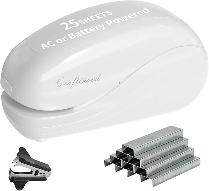 Electric Stapler,Including 2000 Staples and 1 Staple Remover, Suitable for Palm Size and high Comfort，25 Sheet Capacity, AC Adapter or Battery Powered，Battery not Included，(White)