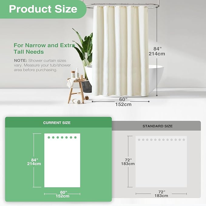 Dynamene Stall Fabric Shower Curtain - 60 x 84 inch Waffle Weighted Thick Cloth Shower Curtain for Bathroom, Cream/Ivory