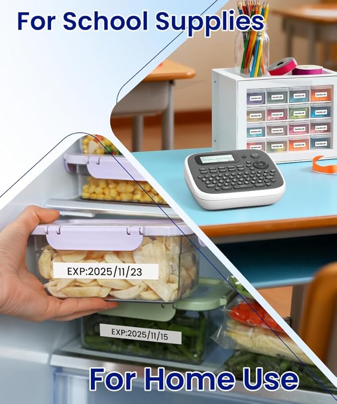 Label Maker, Labeler Machine with 4 Tapes, 12mm 0.47 Laminated White, D210s Desktop Label Printer for File Folder Labels/Daycare Name Tags, School Office Teacher Supplies