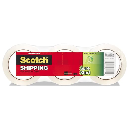 Scotch Sure Start Shipping Packaging Tape, 1.88" x 54.6 yd, Designed for Packing, Shipping and Mailing, Quiet Unwind, No Splitting or Tearing, 3" Core, Clear, 3 Rolls (3450-3)