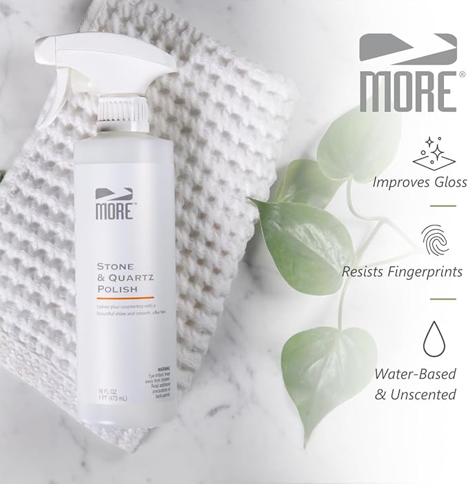 MORE - Stone & Quartz Polish - For Granite, Marble, & Natural Stone Countertops - Spray & Wipe Streak-Free - Water-Based Formula - Marble & Granite Polish - For Indoor & Outdoor Stone - 16 oz