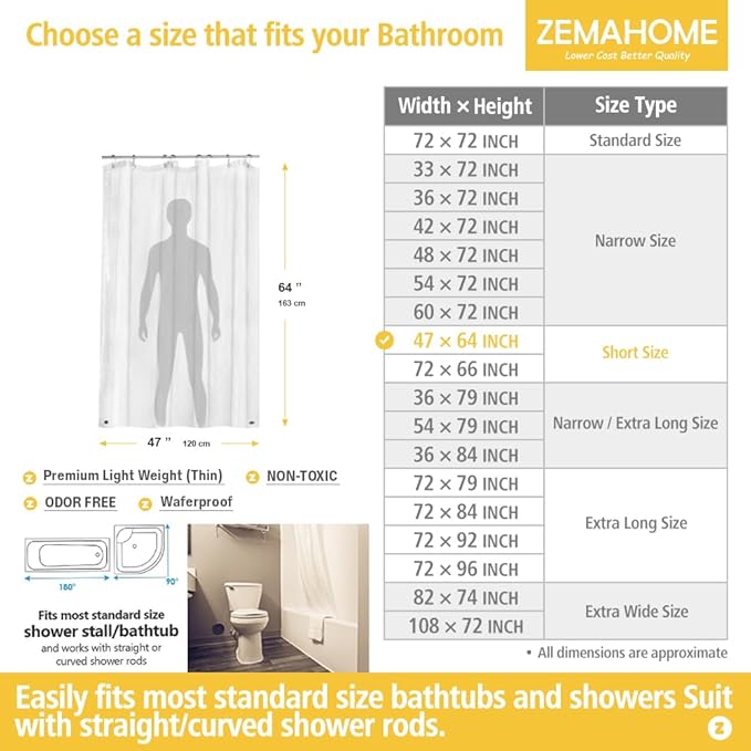 Short Size PEVA Plastic Shower Curtain Liner Premium Light Weight 47" x 64" Clear Bathroom Shower Showroom Curtain Liner with Rustproof Metal Gromments and Weighted Magnet