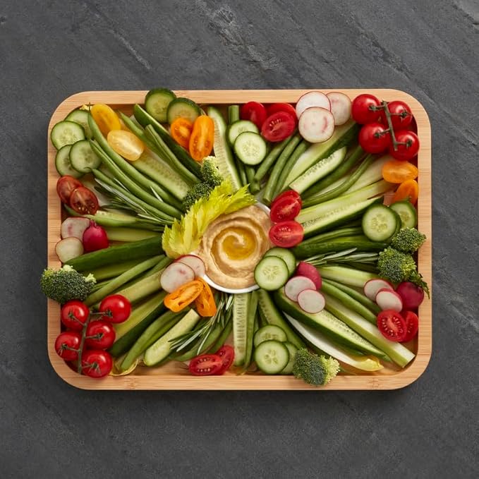 FARBERWARE Build-A-Board Bamboo Cutting Board with Built-in Compartments, Clear Locking Lid & Navy Handles, Ideal for Charcuterie, Snacks & Prep