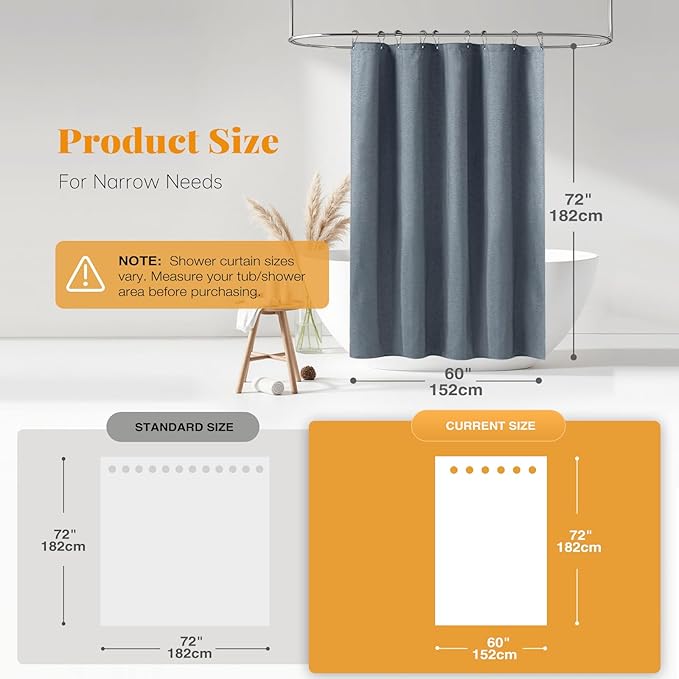 BTTN Fabric Shower Curtain, Linen Textured Heavy Duty Polyester Cloth Shower Curtain Set with Plastic Hooks, Blue Grey, 60x72