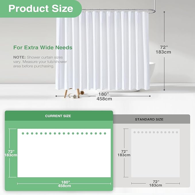 Dynamene Extra Wide Shower Curtain - 180 Inch Wide Waffle Weave Weighted Thick Cloth Bathroom Shower Curtain, Neutral Heavy Duty Hotel Shower Curtain Set with 32 Plastic Hooks,180x72, White