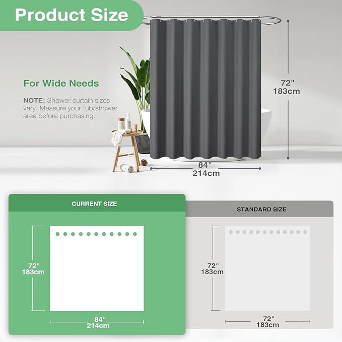 Dynamene Extra Wide Shower Curtain - 84 Inch Wide Waffle Weave Weighted Thick Cloth Bathroom Shower Curtain, Neutral Heavy Duty Hotel Bath Curtain Set with 14 Plastic Hooks, 84x72, Charcoal Grey