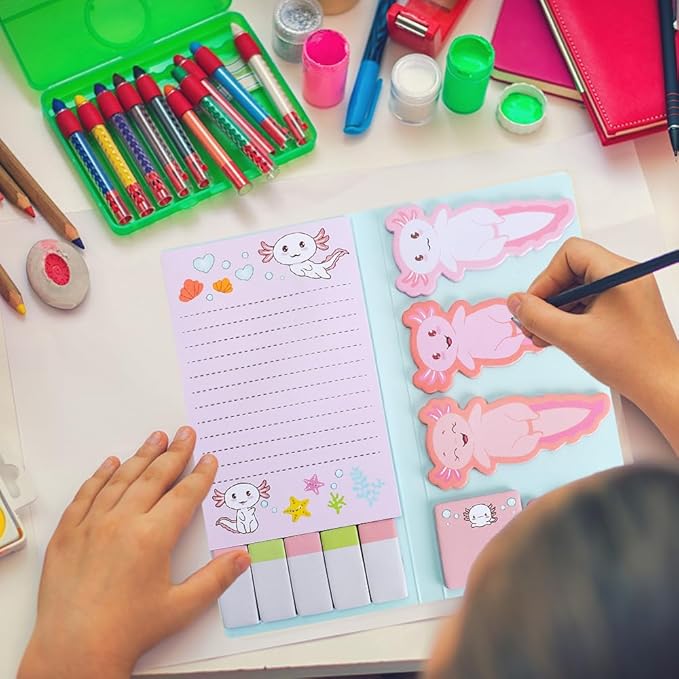 QPIXVB Cute Sticky Notes,Axolotl Sticky Notes Set,Axolotl Gifts,Post It Notes,440 Sheets,Back to School Supplies,Axolotls Birthday Party Decorations,Animal Writing Memo Pads for Kids Employee