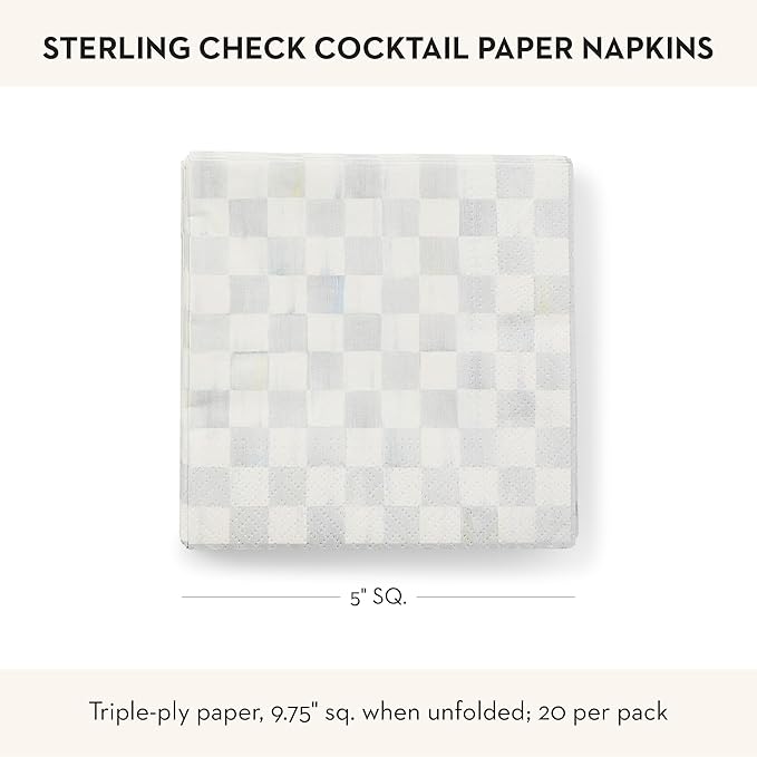 MACKENZIE-CHILDS Cocktail Paper Napkins, Stylish Paper Cocktail Napkins for Parties and More, Gray-and-White Sterling Check