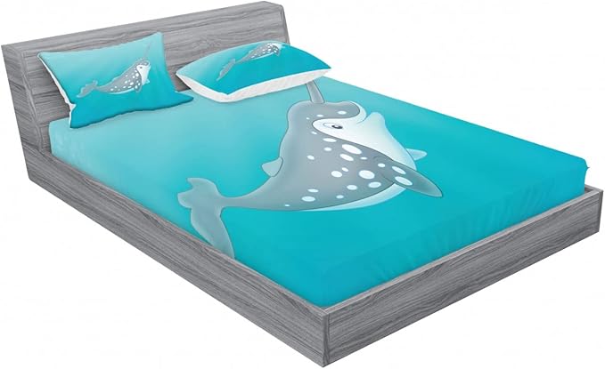 Ambesonne Narwhal 2 Pack Fitted Sheet & Pillow Sham Set, Cartoon Mammal Drawing, 4 Pcs Bedding Decor, Package Contains 2 Queen Size Fitted Sheets & 4 Pillow Covers, Seafoam Grey White