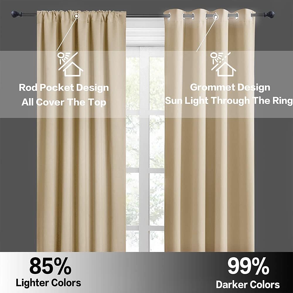 RYB HOME Curtains for Bedroom 63 inches Long, Blackout Thermal Insulating Window Treatment Drapes for Living Room Bathroom Basement Laundry Classroom, W 34 x L 63, Biscotti Beige, 2 Panels