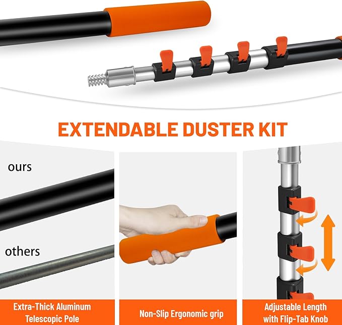 30ft High Reach Duster Kit with Extendable Pole (5-24ft),High Ceiling Duster Kit Includes–Ceiling Fan Blade Cleaner, Cobweb Remover, Bendable Duster, Microfiber Glass Scrubber & Squeegee & Swivel Head