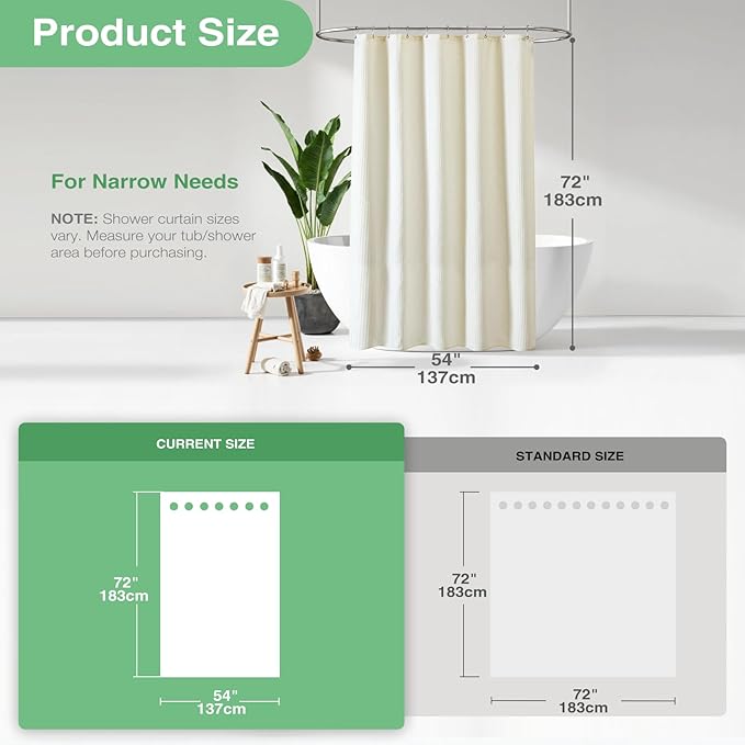 Dynamene Stall Fabric Shower Curtain - 54 inch Wide Waffle Weave Weighted Thick Cloth Shower Curtains for Bathroom, Heavy Duty Hotel Spa Luxury Bath Curtain Set with 10 Hooks, 54x72, Cream/Ivory
