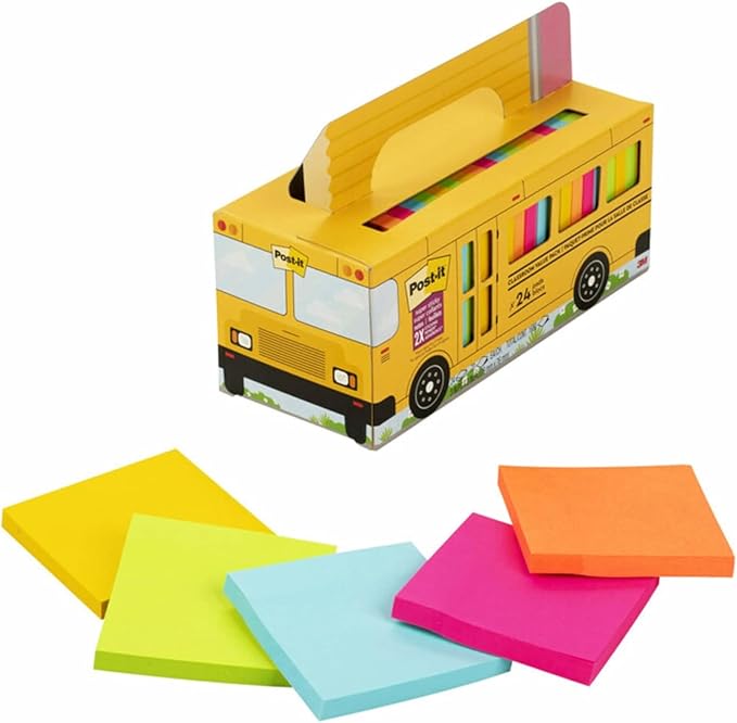 Post-it Super Sticky Notes Value Pk,24 Pads,Convenient School Bus Carry & Storage Case,2X The Sticking Power,3x3 in,Bright Colors (Orange,Pink,Blue,Green,Yellow),Recyclable (654-24SSBUS),(Pack of 8)