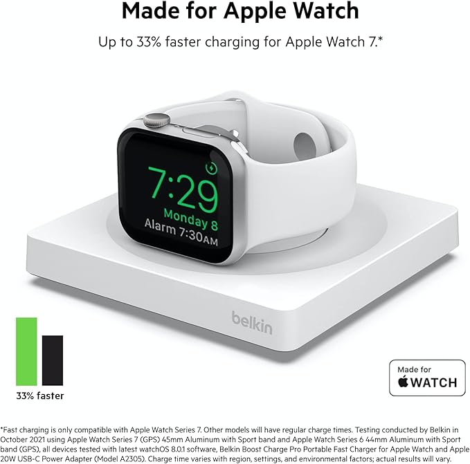 Belkin Apple Watch Charger - Fast Wireless Charging Pad - Travel Charger with Nightstand Mode - MagSafe Charging Station W/USB-C Cable Included for Apple Watch (All Models) - White