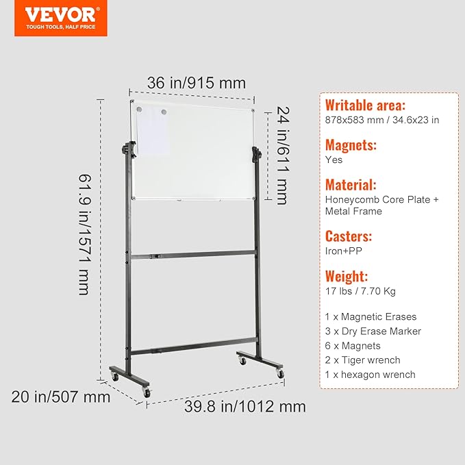 VEVOR Rolling Magnetic Whiteboard, Double-Sided Mobile Whiteboard 36x24 Inches, 360° Reversible Adjustable Height Dry Erase Board with Wheels & Movable Tray for Office, School