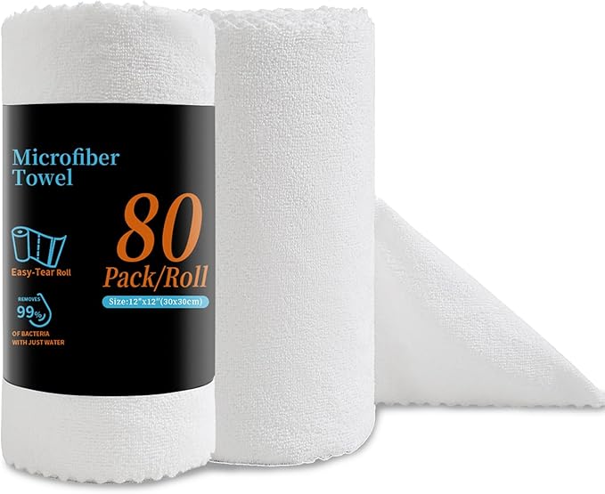 80 Pack Microfiber Cleaning Cloth Roll White Reusable Paper Towels 12"x12" Tear Away Cloth, Microfiber Towels for Cars, Wash Cloths, Lint Free Rags for House, Kitchen,Window,Cleaning Supplies