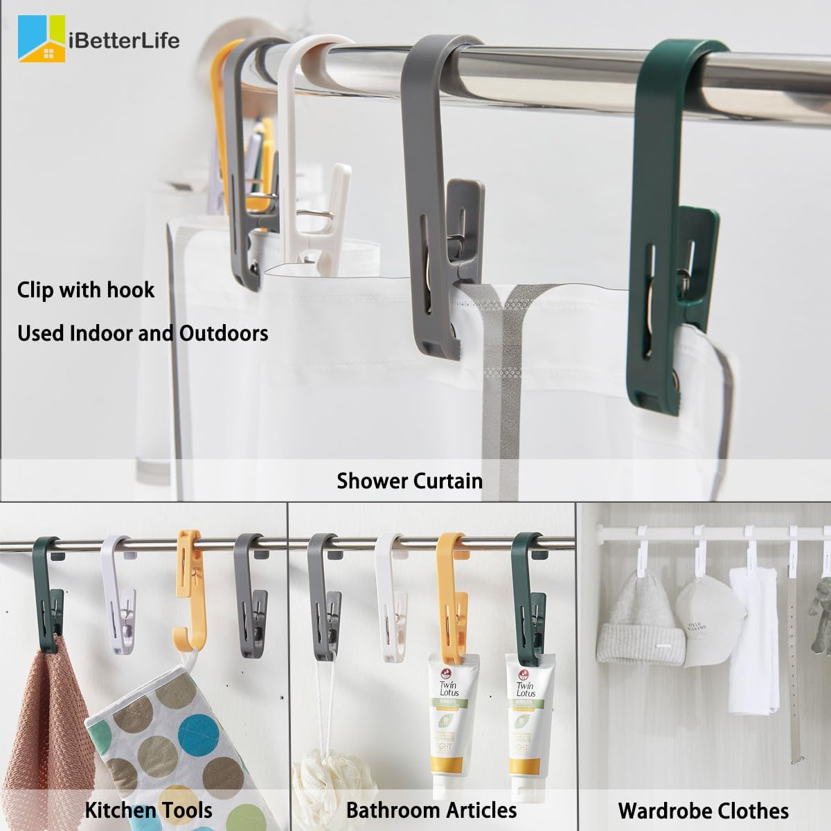 iBetterLife 4Pcs Laundry Hooks with Clips Hanger Heavy Duty Outdoor Clothes Pins, Closet Organizer Single Clamps Hanging Socks Boot Bras Underwear Kids Towels for Bathroom Wardrobe Kitchen Office