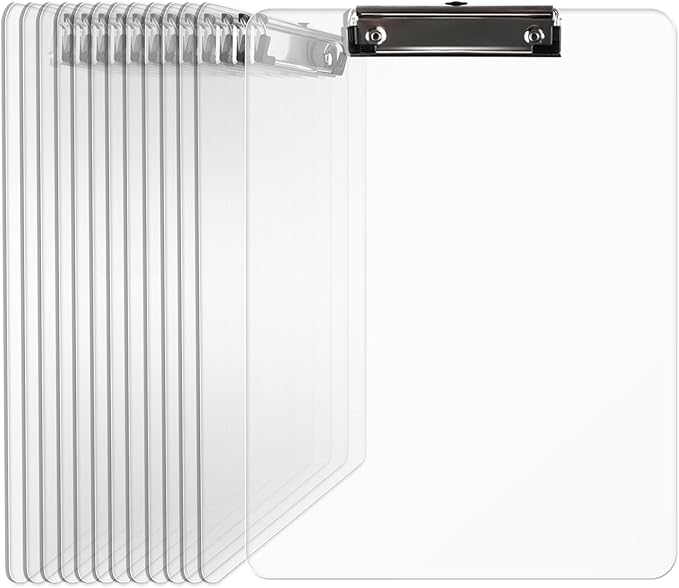 Plastic Clipboards Set of 12, A4 Acrylic Clear Board 8.5x11 for Classroom, Students, Transparent Letter Size 9" x 12.5" with Low Profile Clip, Office & School Supply