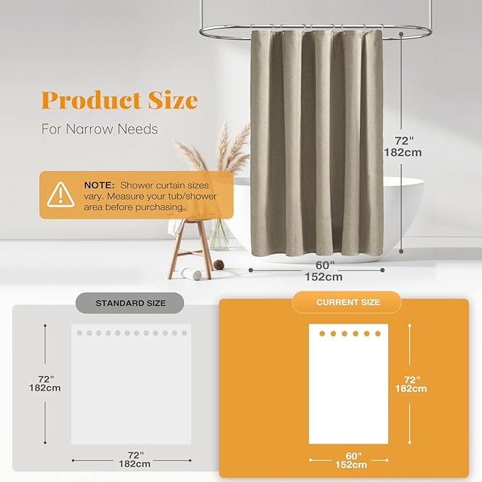 BTTN Stall Fabric Shower Curtain - 60x72 Inch Linen Textured Heavy Duty Cloth Bath Curtain Set with 10 Plastic Hooks, Narrow Waterproof Neutral Curtains for Bathroom Showers and Bathtubs - Khaki/Tan
