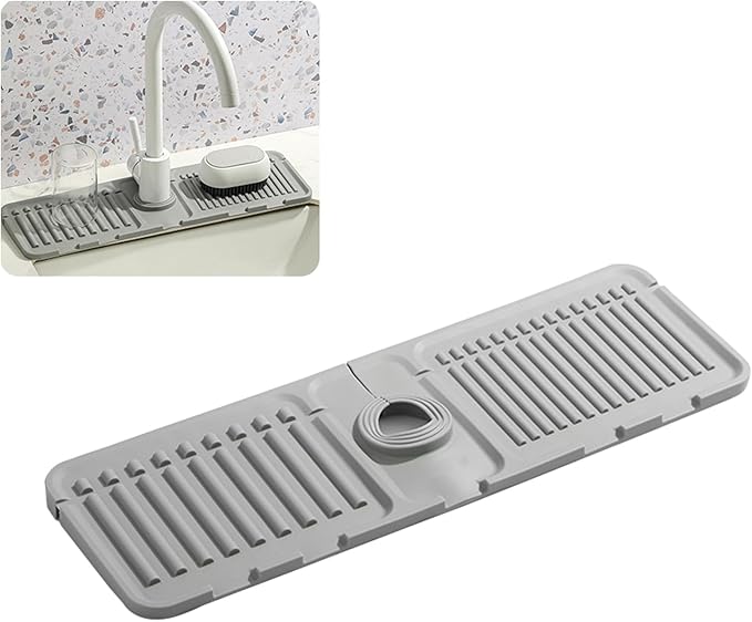 Faucet Mat for Kitchen Sink - 2024 Premium Upgrade: Enhanced Silicone Splash Guard with Rapid Drying & Dish Soap Sponge Holder, Perfect for Stone Sinks in Kitchen & Bathroom (Gray, 2 Pack)
