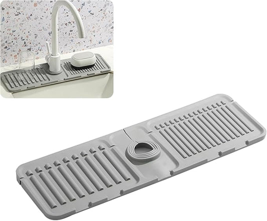 Faucet Mat for Kitchen Sink - 2024 Premium Upgrade: Enhanced Silicone Splash Guard with Rapid Drying & Dish Soap Sponge Holder, Perfect for Stone Sinks in Kitchen & Bathroom (Gray, 2 Pack)
