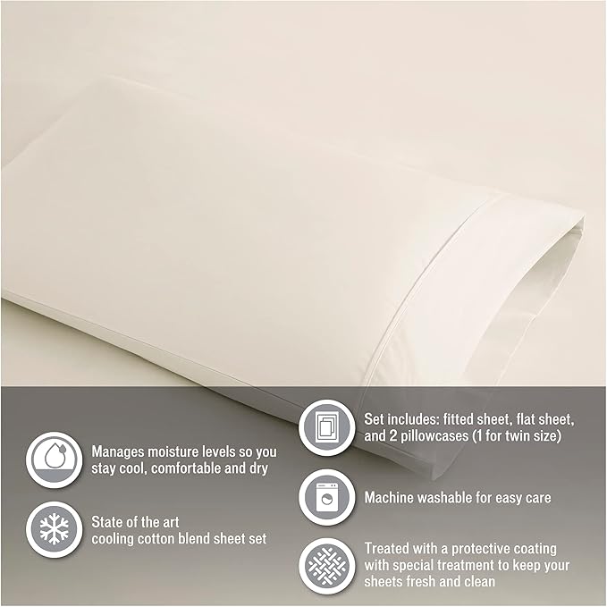 Madison Park 600 TC Cooling Cotton Blend Solid Sheet 16 Inch Deep Pocket, All Season, Soft Bedding-Set, Matching Pillow Case, King, Seafoam 4 Piece.