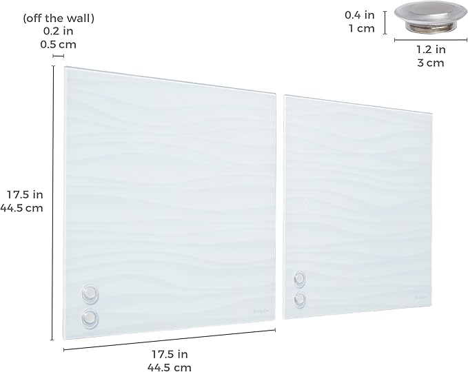 ECR4KIDS MessageStor Magnetic Dry-Erase Glass Board with Magnets, 17.5in x 17.5in, Wall-Mounted Whiteboard, White Waves, 2-Pack
