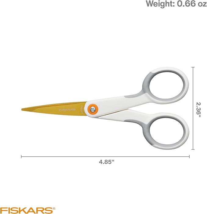 Fiskars Micro-Tip Scissors, Precision Cutting Shears, Titanium Blades & SoftGrip Handle for Intricate Cuts, 5”, White/Gray
