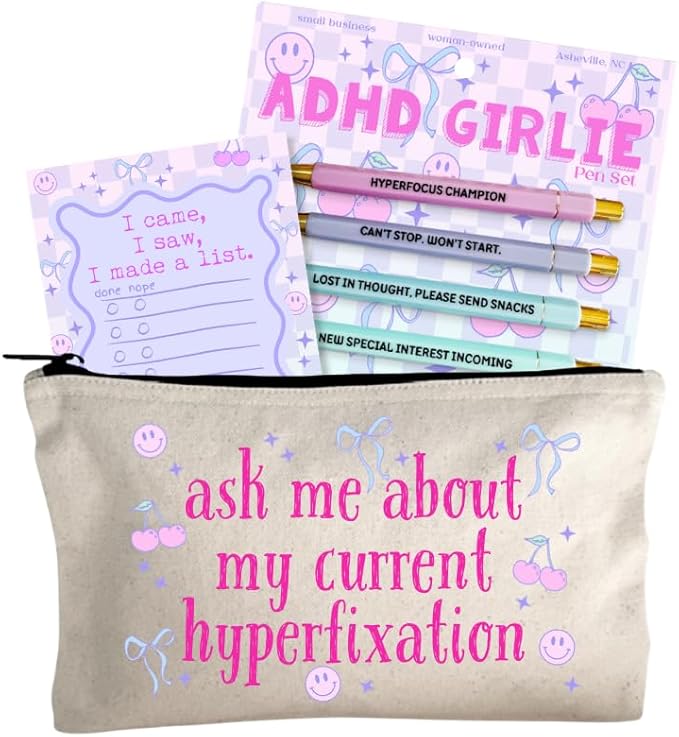 Moonlight Makers Funny Office Supplies Gift Set - ADHD Girlie Pen Set, I Made A List Notepad, Hyperfixation Zipper Pouch - Cute Stationery Sets for Women, Funny Gifts for Friends and Coworkers