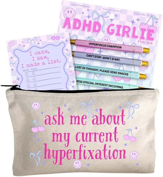 Moonlight Makers Funny Office Supplies Gift Set - ADHD Girlie Pen Set, I Made A List Notepad, Hyperfixation Zipper Pouch - Cute Stationery Sets for Women, Funny Gifts for Friends and Coworkers