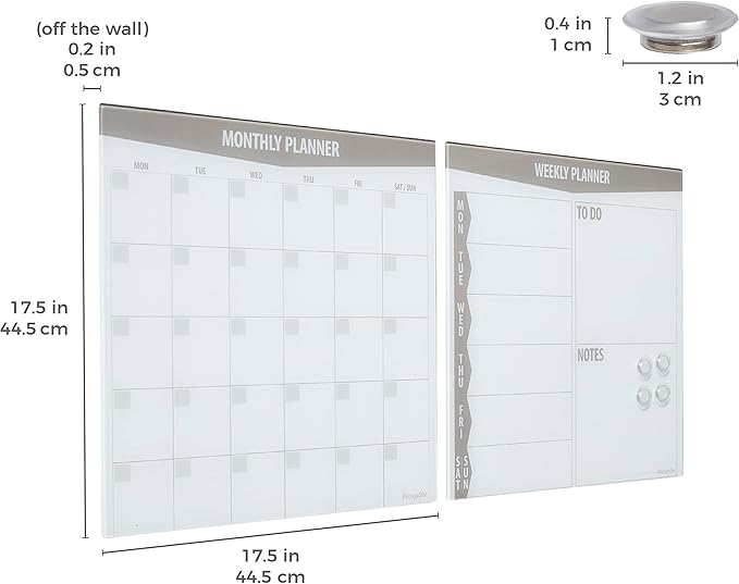 ECR4Kids MessageStor Magnetic Dry-Erase Glass Board with Magnets, 17.5in x 17.5in, Wall-Mounted Whiteboard, Grey, 2-Pack