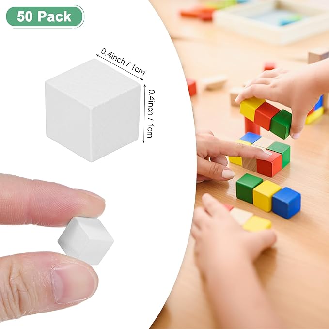 50-Pack DIY Wooden Cube, 0.4 Inch(1 Cm) Colored Natural Wood Blocks for Crafts Making Puzzle Games/Wedding/Home Decor/Dice/Building, Square Blank Block [White]