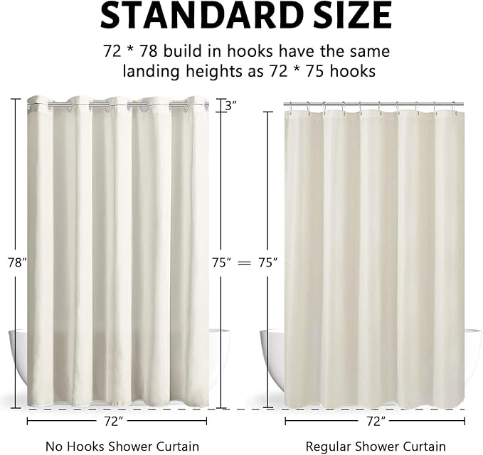 Furlinic No Hook Long Shower Curtain 72 x 78 Inch,Polyester Fabric Tall Bathroom Curtain,Washable & Waterproof,Includes Plastic Built in Grommets,Hotel Style,Beige