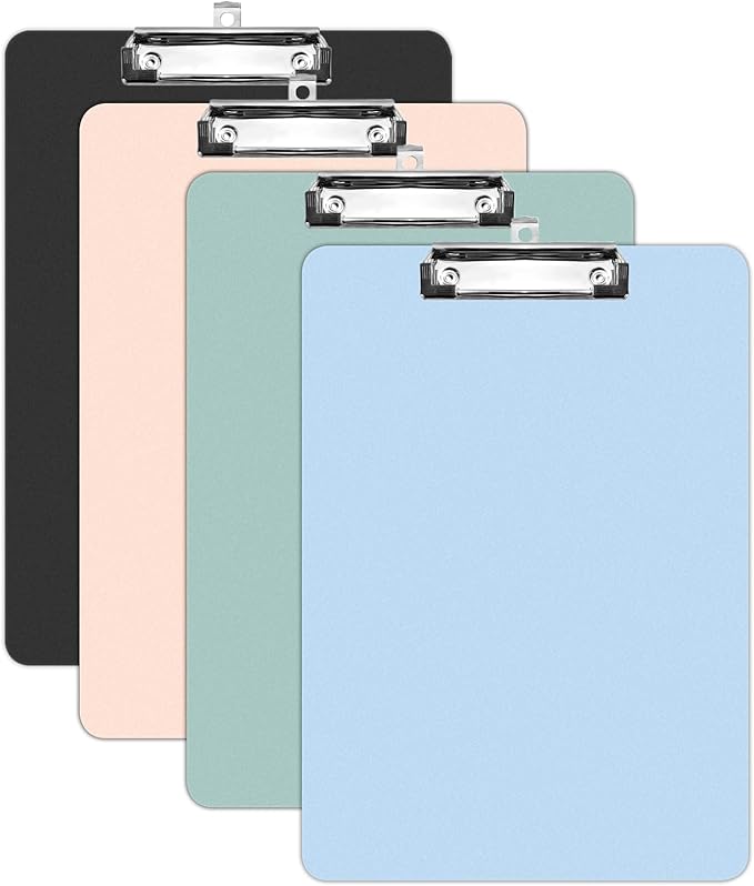 4 Pack Plastic Clipboards Multiple Colors Clip Boards with Low Profile Metal Clip,Hangable Low Profile Clipboard, Standard A4 Letter Size for Students, Teacher,Doctor, Nurse,Office Clerk