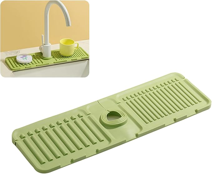 Faucet Mat for Kitchen Sink - 2024 Premium Upgrade: Enhanced Silicone Splash Guard with Rapid Drying & Dish Soap Sponge Holder, Perfect for Stone Sinks in Kitchen & Bathroom (Green, 1 Pack)