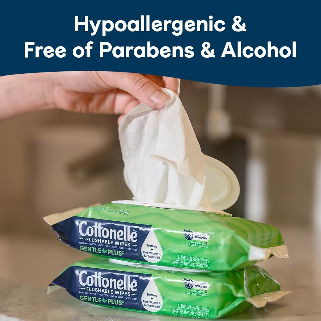 Cottonelle GentlePlus Flushable Wet Wipes with Aloe & Vitamin E, 6 Flip-Top Packs, 42 Wipes Per Pack (252 Total Wipes), Packaging May Vary